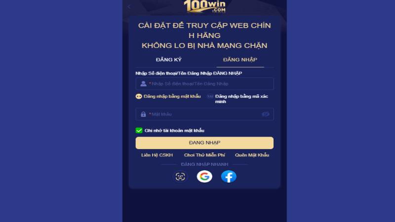 Đăng nhập tài khoản 100WIN dễ dàng