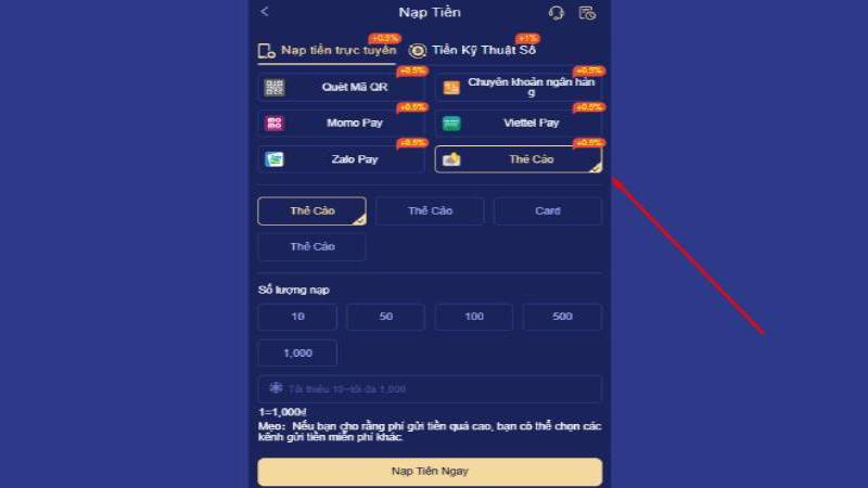 Nạp tiền 100WIN thẻ cào